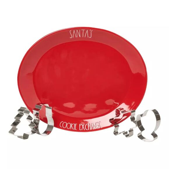 Rae Dunn Santa's Cookie Exchange 13" Platter & 4 Steel Cutters Christmas *NEW* - Picture 1 of 6